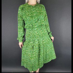 50s Tiny Floral Print Long Sleeve Pleated Shirtwaist Dress